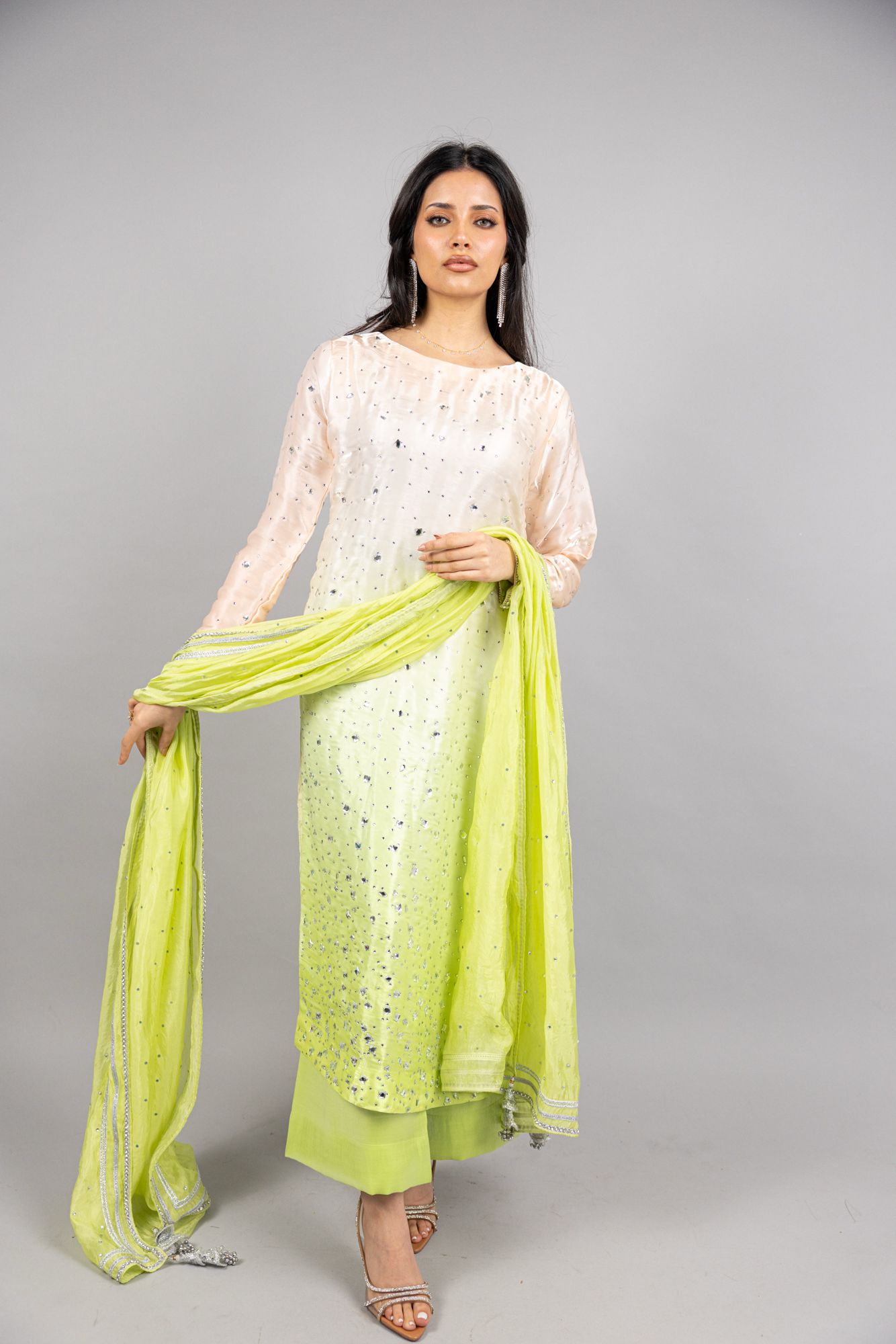 TinkerBell – 3PC Pink-Peach Pistachio Sheesha Silk Ensemble