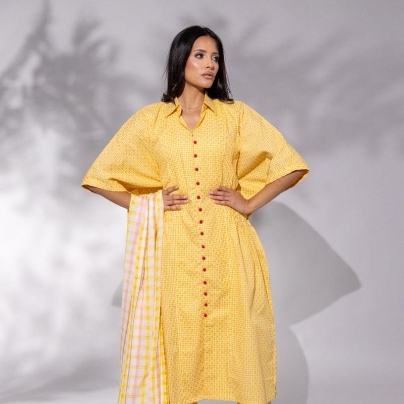 Yellow Floral Print Kaftan Style Co Ord - Three PIECE Kapri trousers, Loose Fit Comfortable Womenswear Cotton