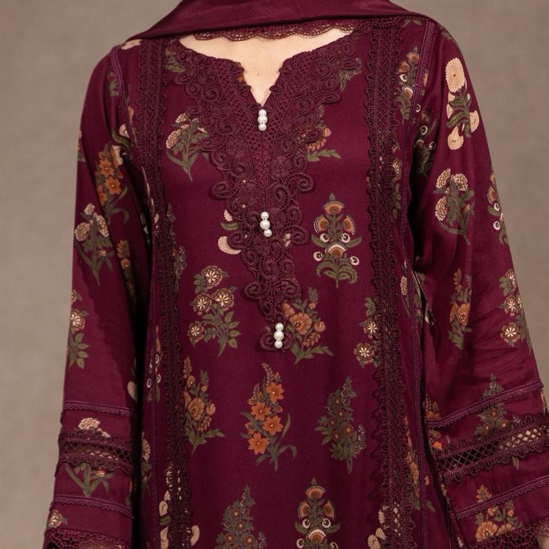 Marina 3PC Maroon Floral Womenswear Outfit Comfortable Classy Lace Detailing Long Kameez Capri Trousers Silk Dupatta