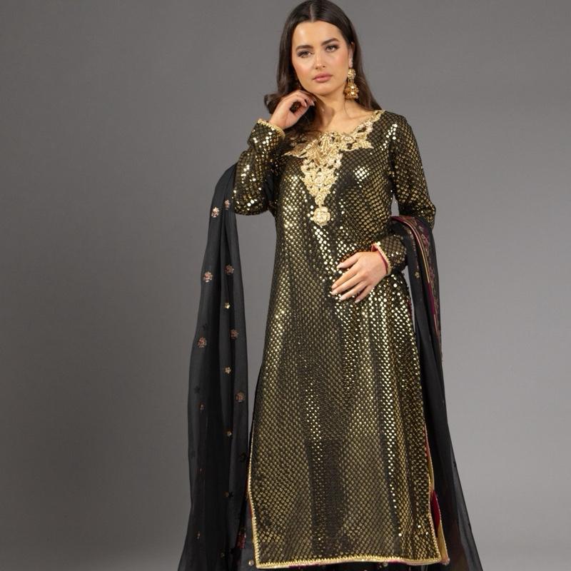 Black and Gold - Heavy Formal Womenswear Suit, Sequence Embroidered Kameez with Handwork Neckline, Chatta Patti Outlining, With Heavy Embroidered Loose Pants, Stunning Back Tassels and Chiffon Embroidered Duppatta