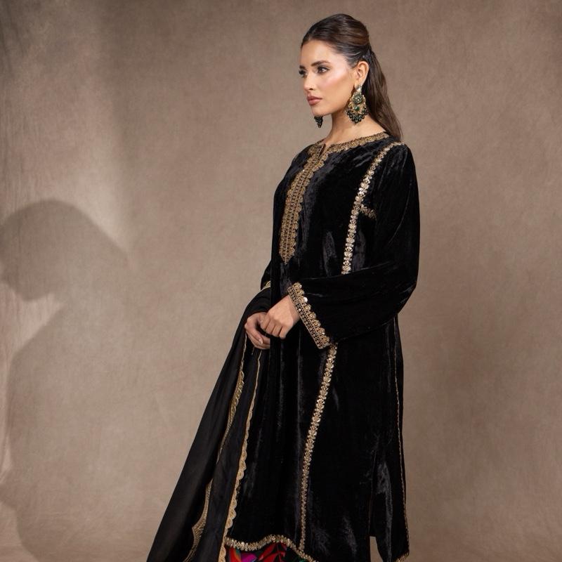 Black Embroidered Velvet Kurta Style Kameez with Multi Floral Palazzo and Scallop Detailed Silk Dupatta Comfortable Semi Formal Pakistani Womenswear