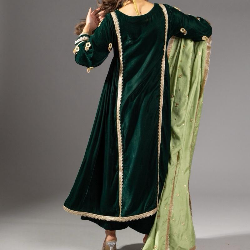 Green Velvet Three Piece Suit - Balochi Style Frock