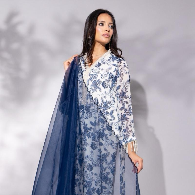 White and Blue Printed Chiffon with Embroidered Dupatta - 3PC