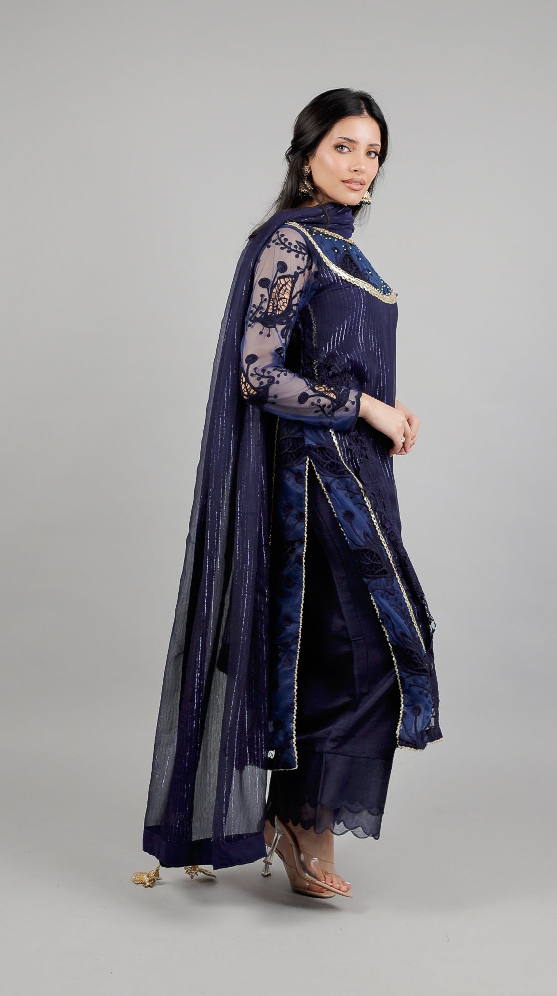 Sehar – 3PC Navy Blue Chiffon Cut-Work Ensemble - Eeyapret