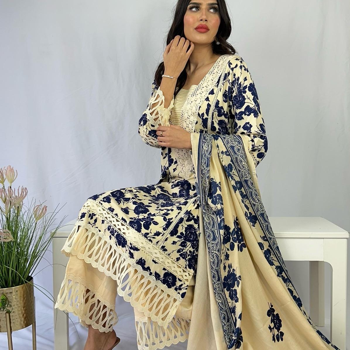 Pure Marina Three Piece Printed Suit with Embroidered Woolen Shawl