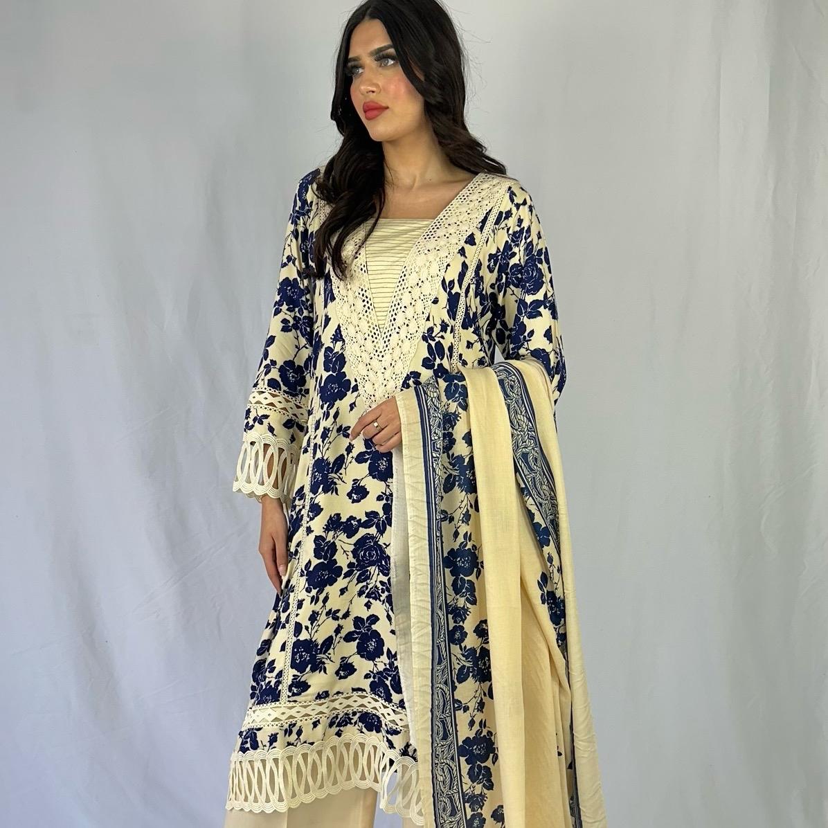 Pure Marina Three Piece Printed Suit with Embroidered Woolen Shawl