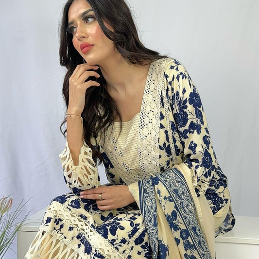 Pure Marina Three Piece Printed Suit with Embroidered Woolen Shawl