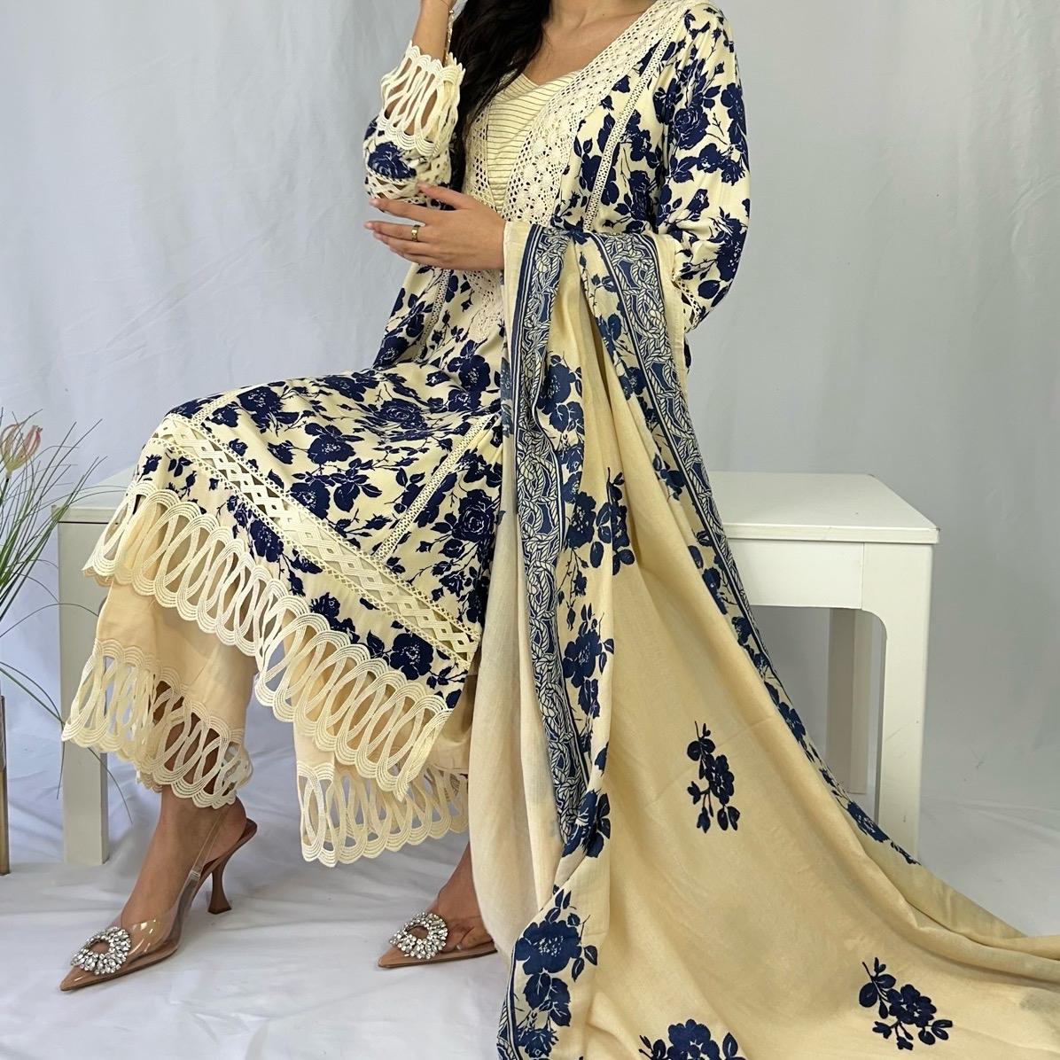 Pure Marina Three Piece Printed Suit with Embroidered Woolen Shawl