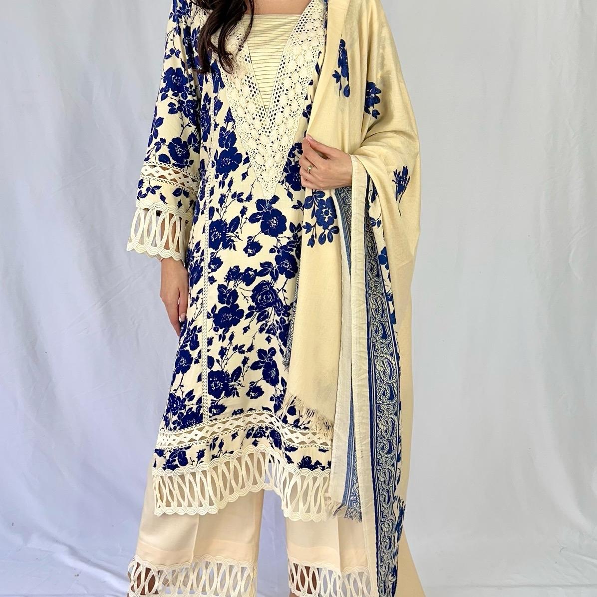 Pure Marina Three Piece Printed Suit with Embroidered Woolen Shawl