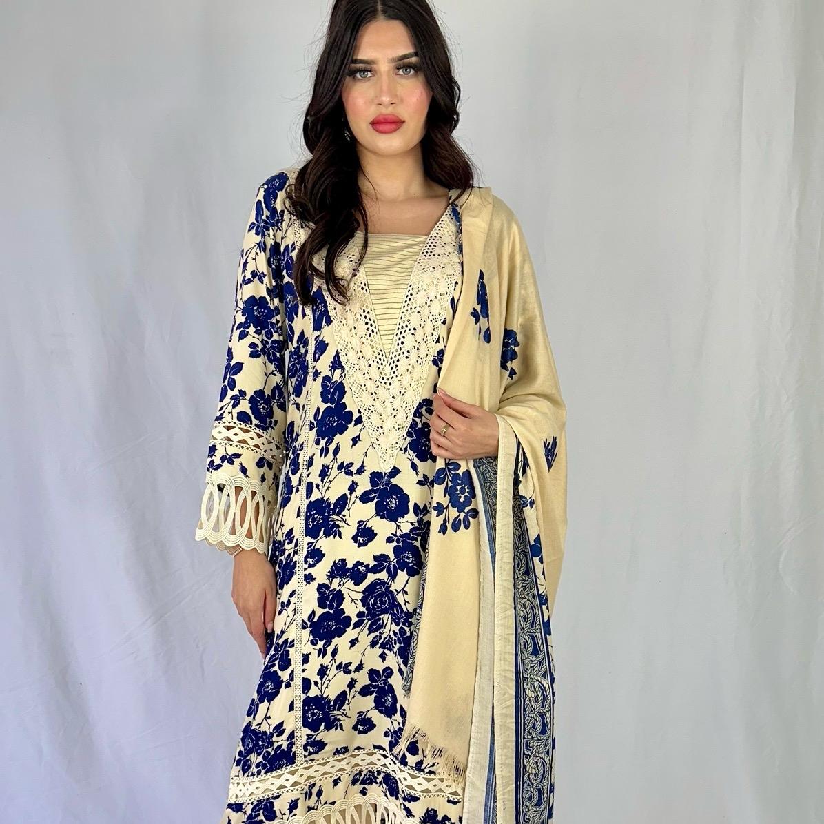 Pure Marina Three Piece Printed Suit with Embroidered Woolen Shawl