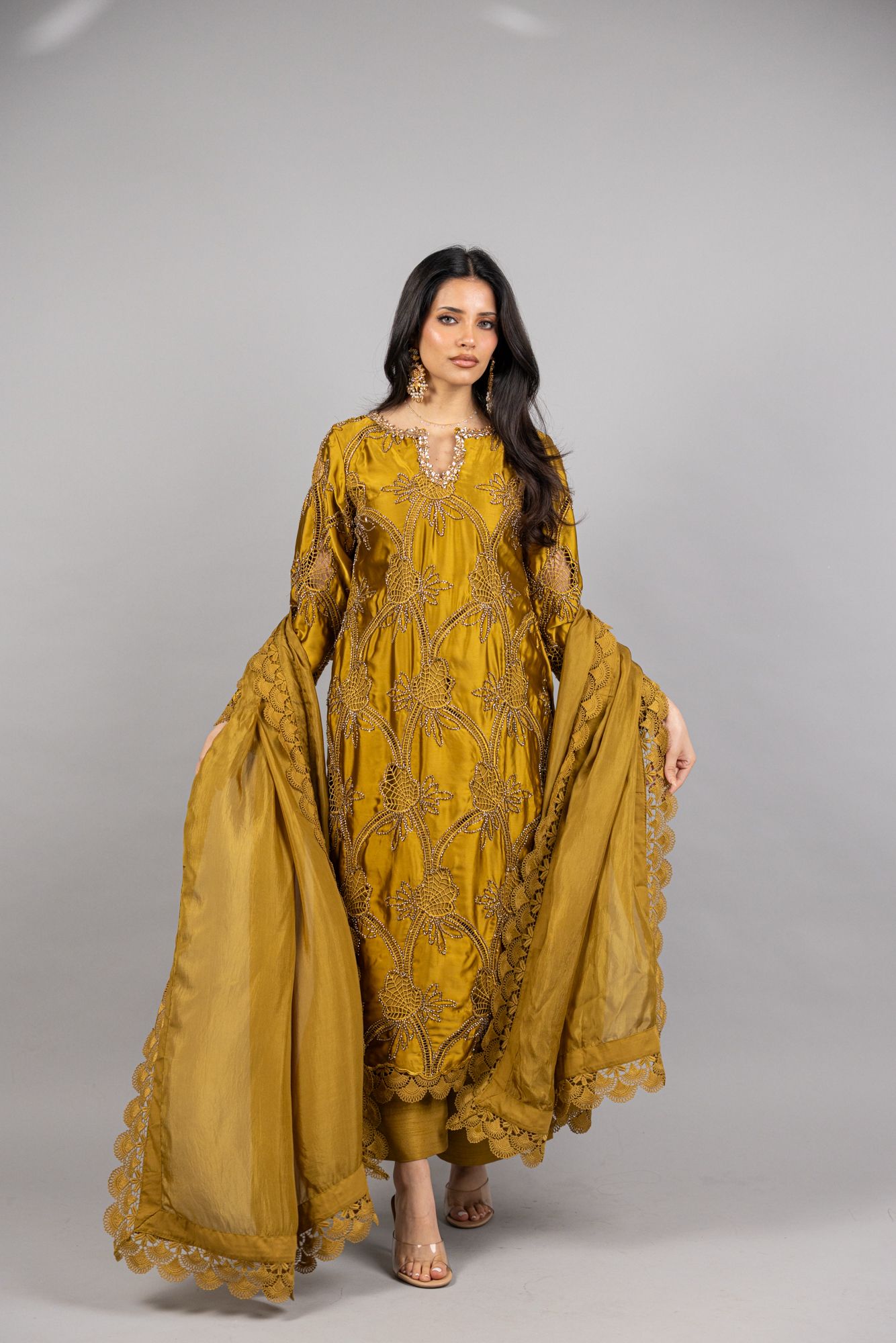 (PREORDER) Azure – 3PC Mustard Gold Sheesha Silk Ensemble - Eeyapret