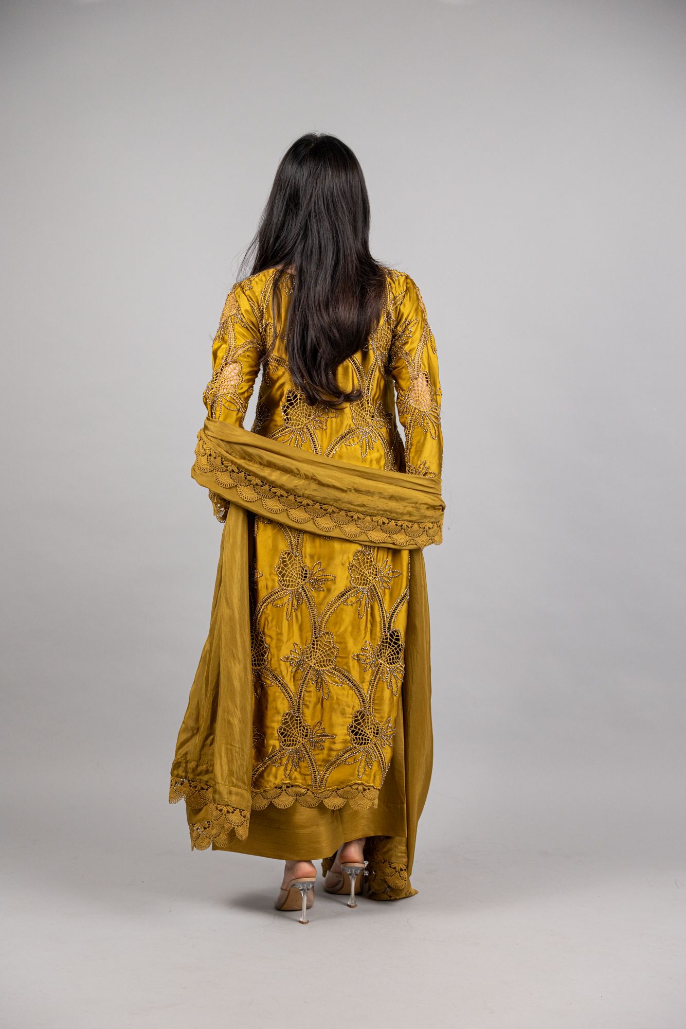 (PREORDER) Azure – 3PC Mustard Gold Sheesha Silk Ensemble - Eeyapret