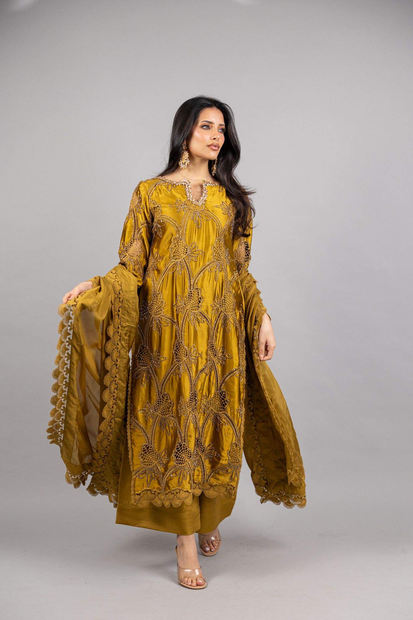(PREORDER) Azure – 3PC Mustard Gold Sheesha Silk Ensemble - Eeyapret