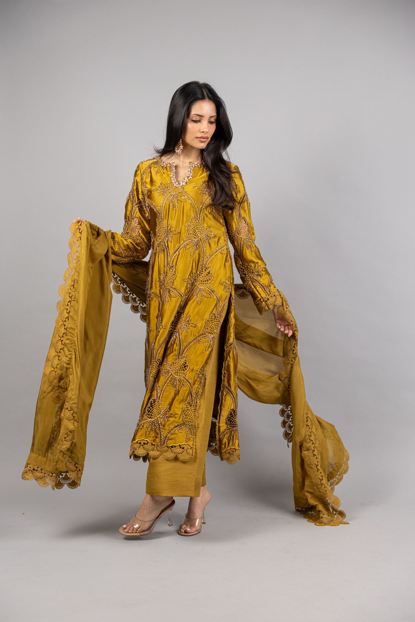 (PREORDER) Azure – 3PC Mustard Gold Sheesha Silk Ensemble - Eeyapret