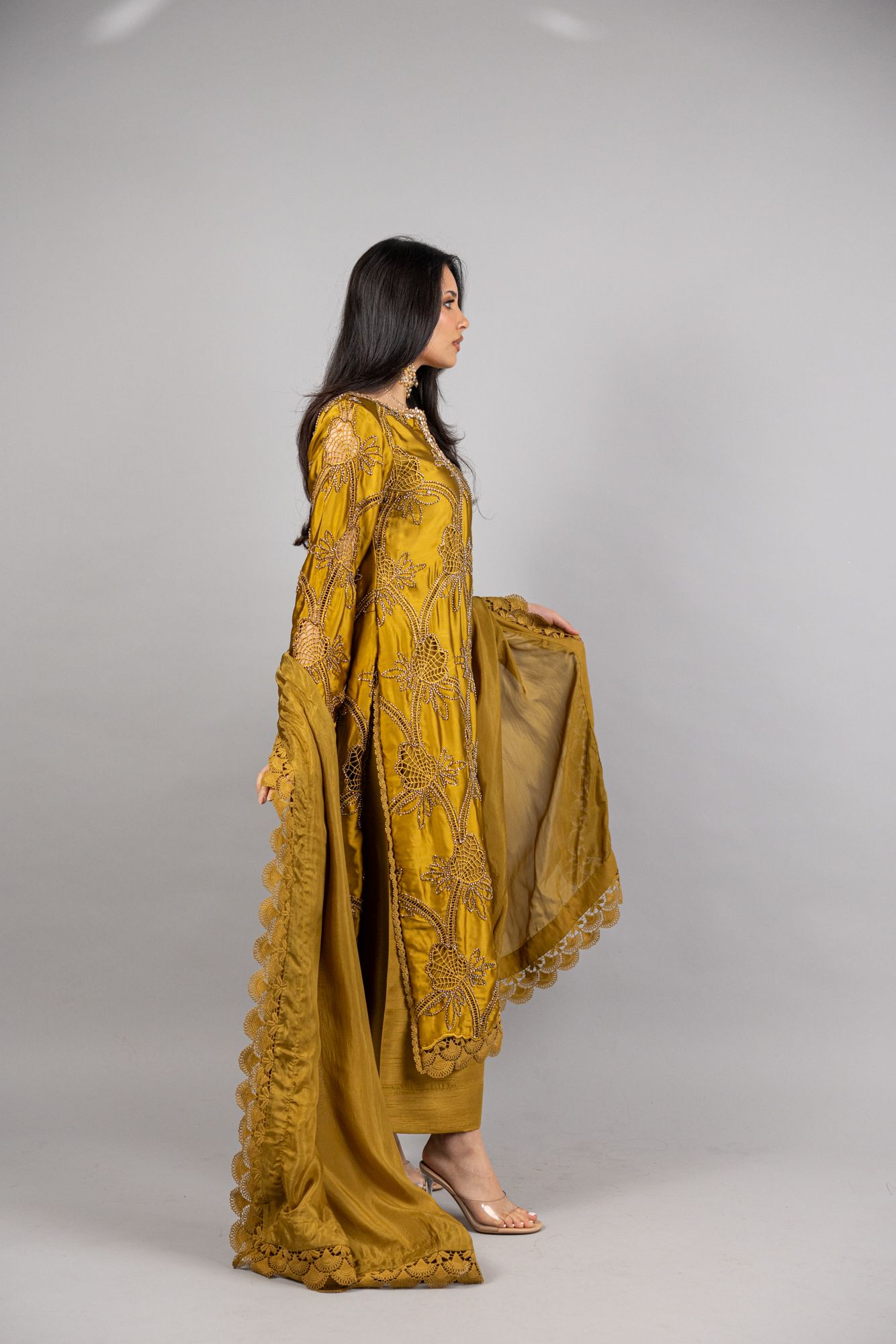 (PREORDER) Azure – 3PC Mustard Gold Sheesha Silk Ensemble - Eeyapret