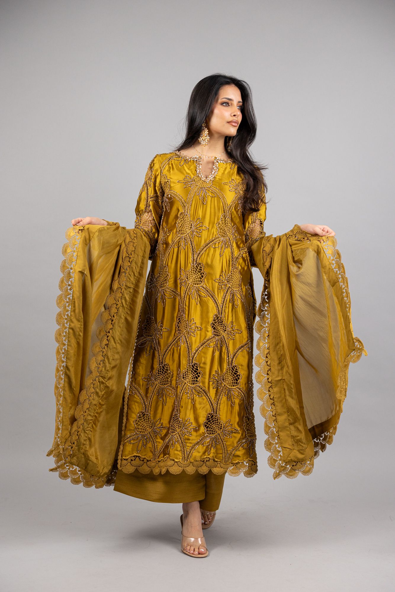 (PREORDER) Azure – 3PC Mustard Gold Sheesha Silk Ensemble - Eeyapret