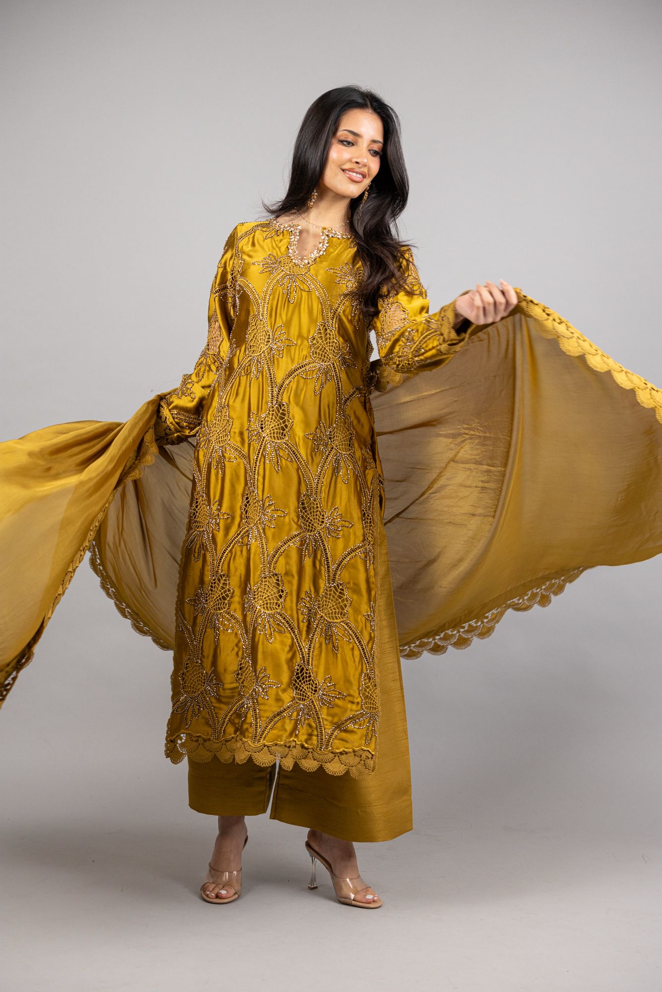 (PREORDER) Azure – 3PC Mustard Gold Sheesha Silk Ensemble - Eeyapret