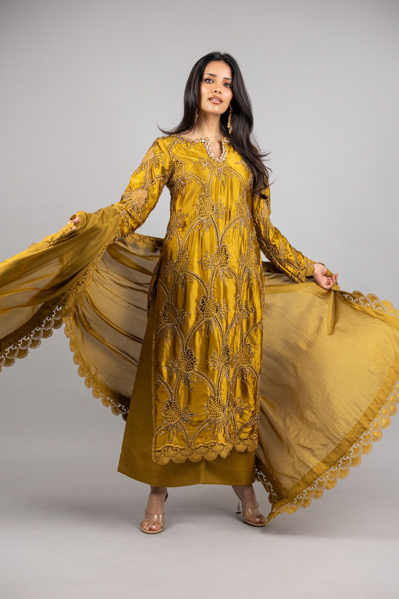 (PREORDER) Azure – 3PC Mustard Gold Sheesha Silk Ensemble - Eeyapret