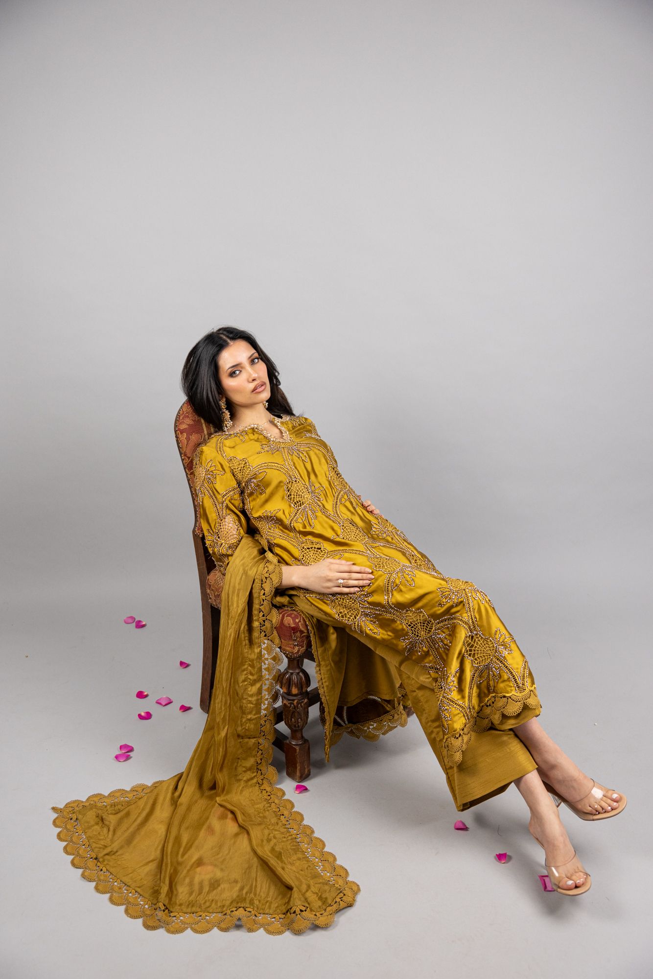 (PREORDER) Azure – 3PC Mustard Gold Sheesha Silk Ensemble - Eeyapret