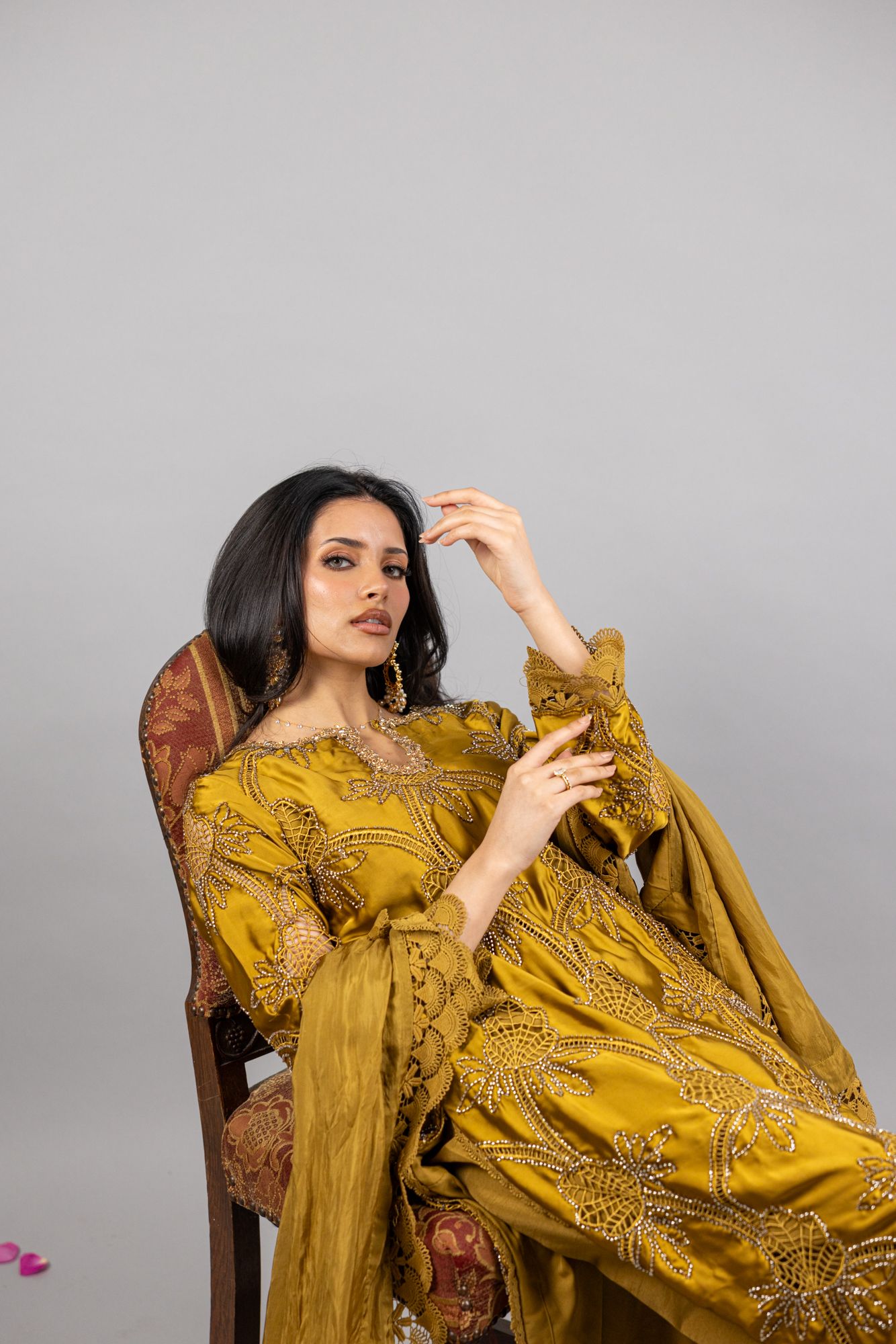 (PREORDER) Azure – 3PC Mustard Gold Sheesha Silk Ensemble - Eeyapret