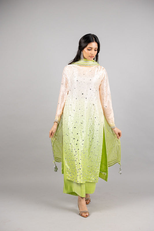 TinkerBell – 3PC Pink-Peach Pistachio Sheesha Silk Ensemble