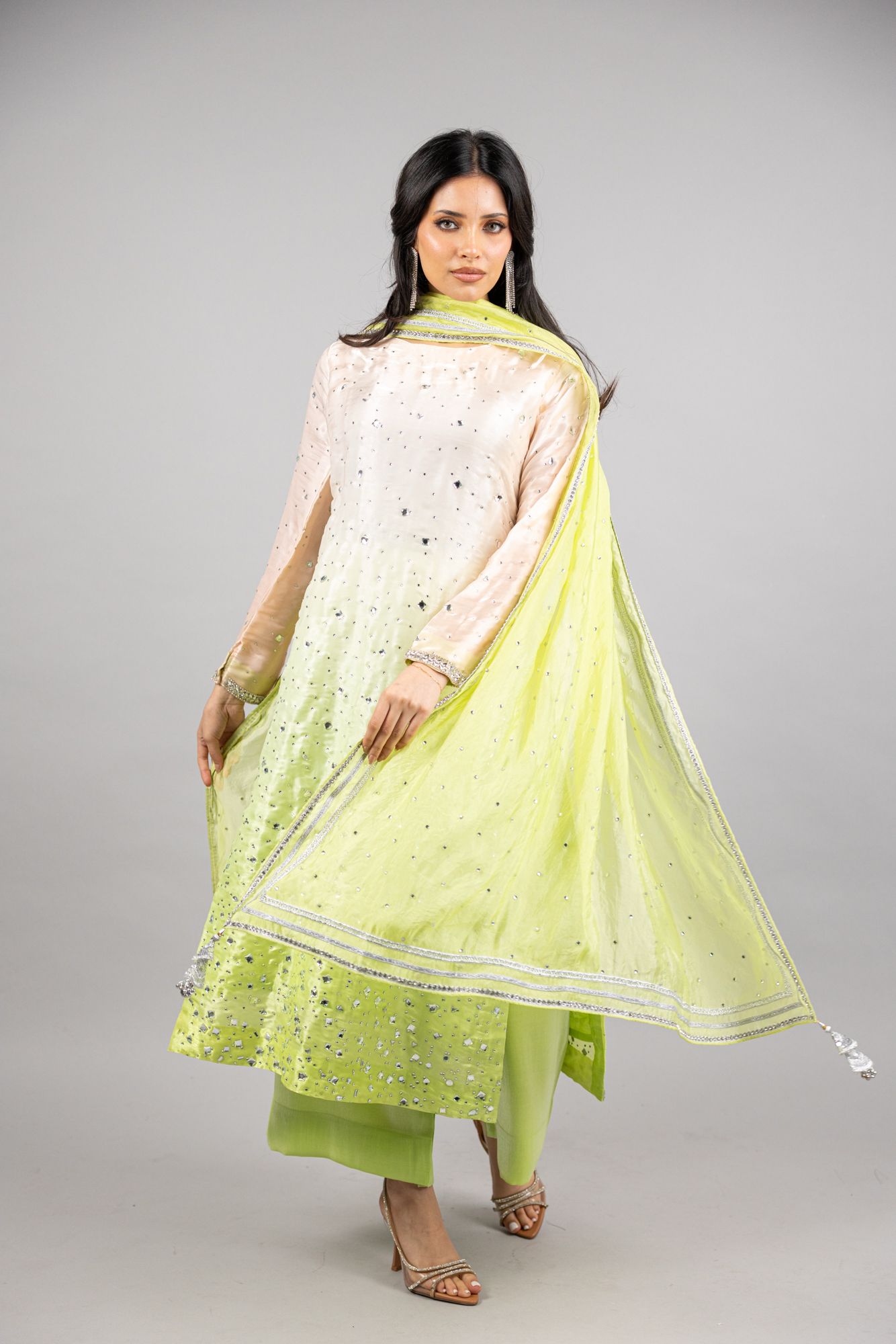 TinkerBell – 3PC Pink-Peach Pistachio Sheesha Silk Ensemble