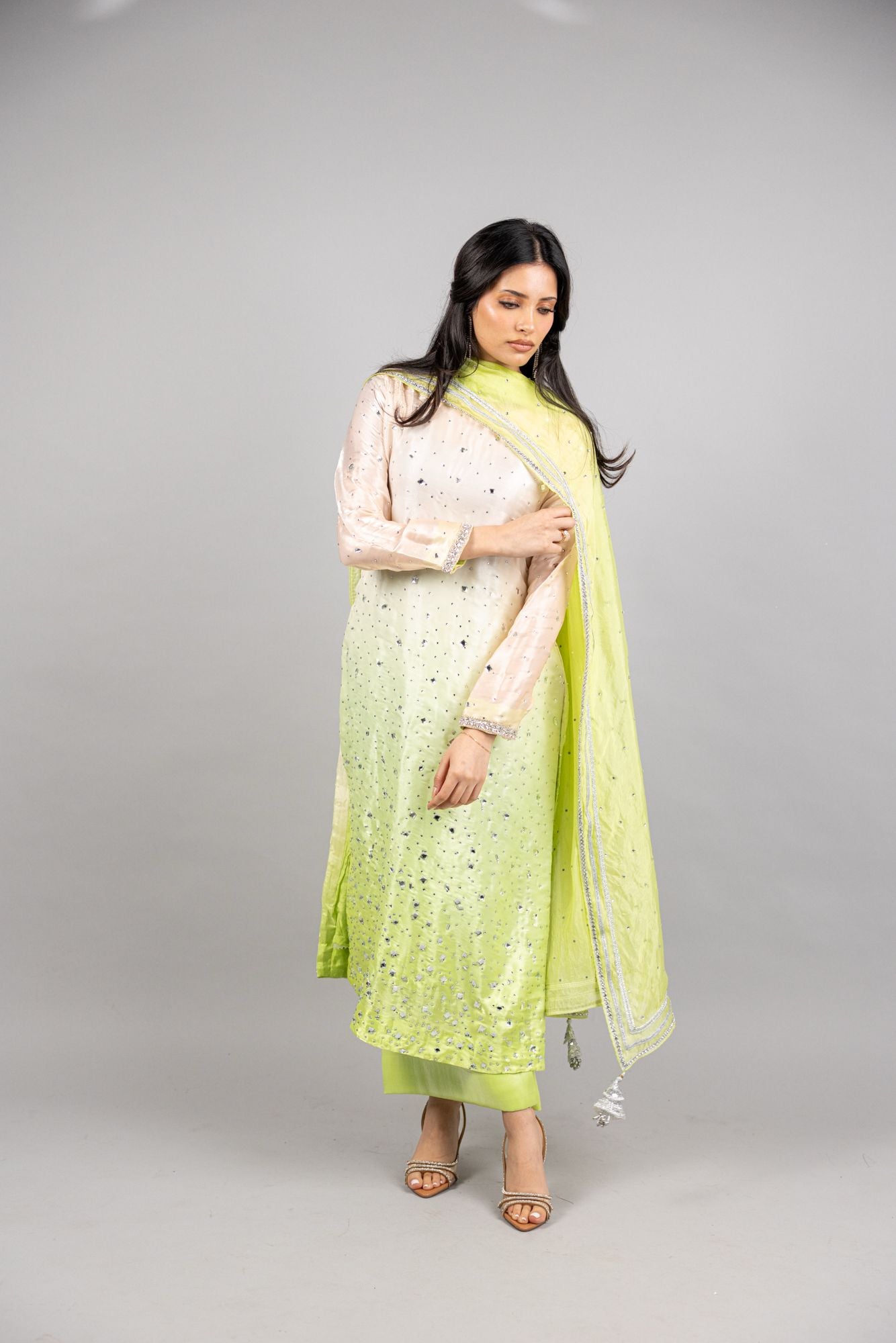 TinkerBell – 3PC Pink-Peach Pistachio Sheesha Silk Ensemble