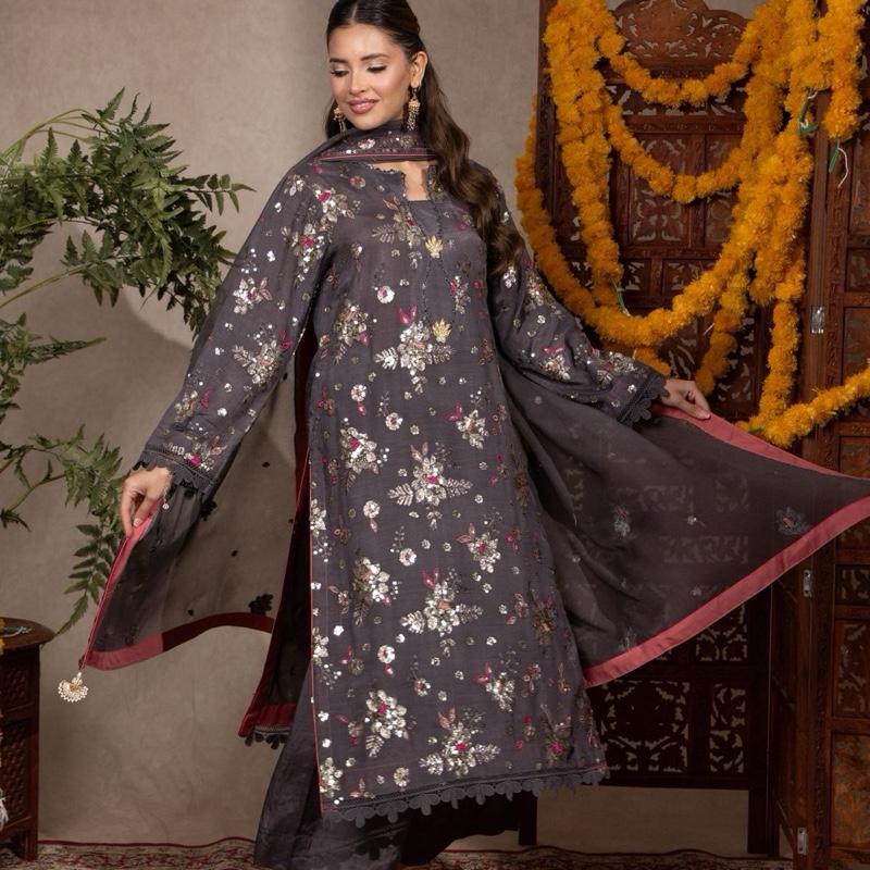 Gray Multi Embroidered with Sequence Raw Silk 3PC pakistani formal womenswear outfit, Beautiful Long Kameez with Plazzo Trousers and Embroidered Chiffon Dupatta