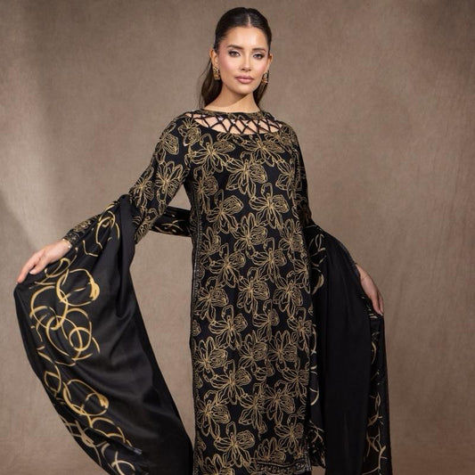 Black and Mustard Marina 3PC suit - A stunning Neckline with Sequence Detailing and Plazzo Trousers, including a beautiful Shawl. Pakistani Semi Formal Womenswear Outfit