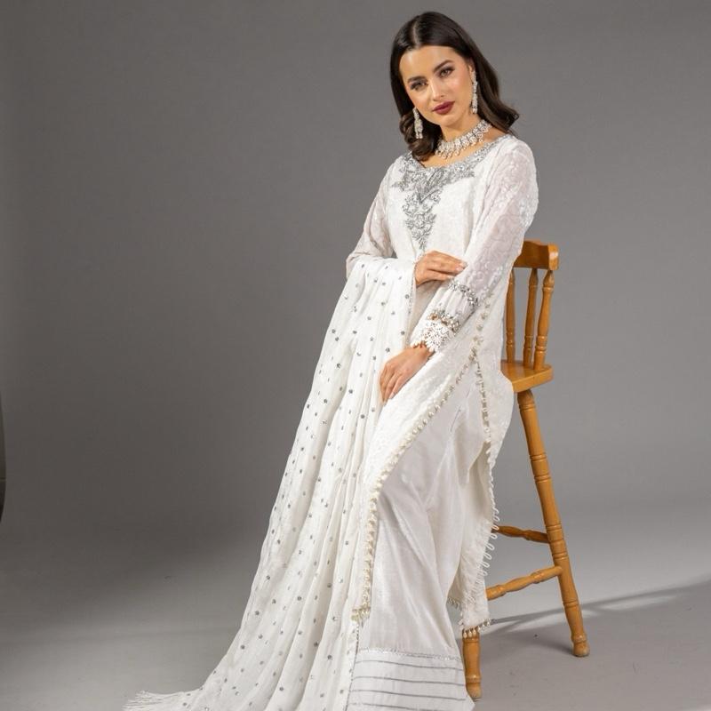 White Dove Plachi - A Pure Beauty, Stunning Handwork Silver Neckline Long Kameez with Pearl Sides, Beautiful Sleeve work with Stone, Loose Plazzo Pants and Silk Embroidered Dupatta with Fringe Detail  Asian Womenswear Clothes