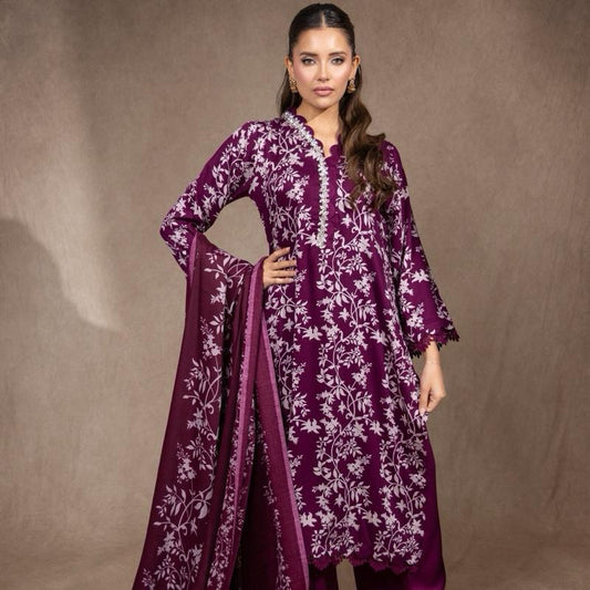 Plum Marina 3PC suit - A beautiful scallop detailed and crystal embellished soft marina suit with plazzo trousers and shawl