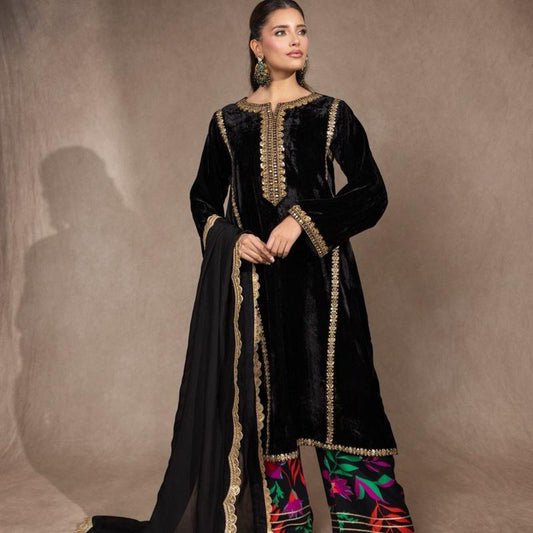 Black Embroidered Velvet Kurta Style Kameez with Multi Floral Palazzo and Scallop Detailed Silk Dupatta Comfortable Semi Formal Pakistani Womenswear