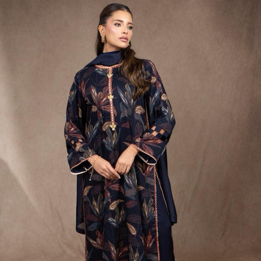 Navy Blue Floral Marina 3PC - Perfect for semiformal wearing comfortable and classy. Long kameez with plazzo trousers and silk dupatta