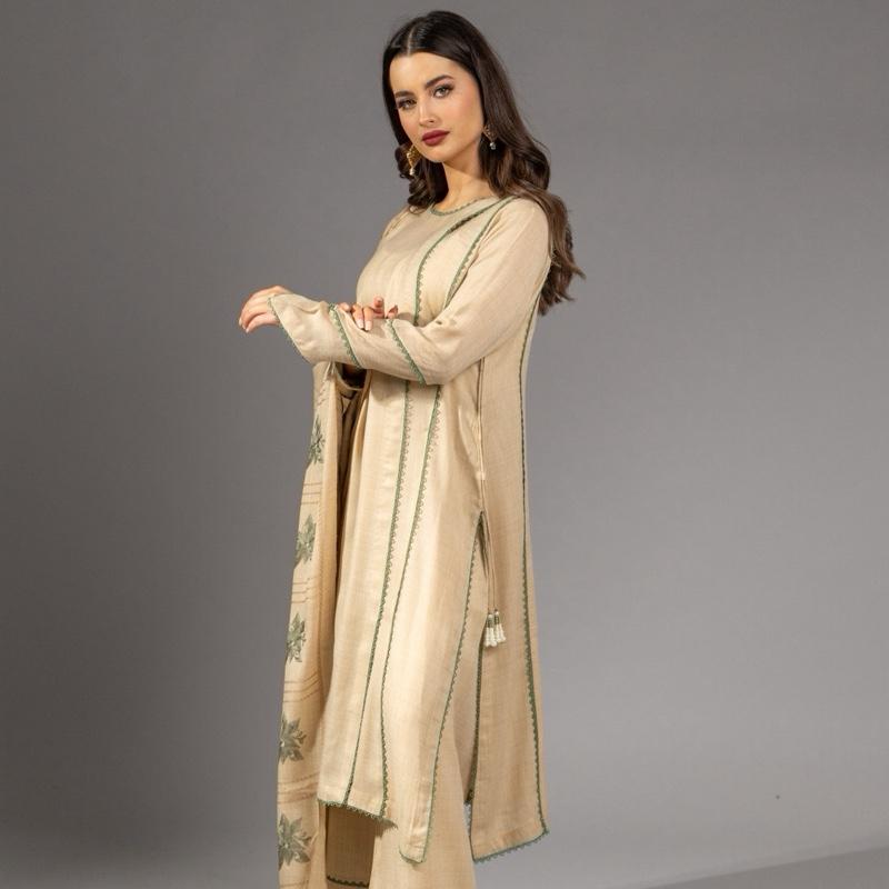 Beige Pashmina Three Piece Suit - Green Outline with Embroidery Woollen Shawl