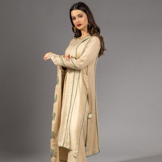 Beige Pashmina Three Piece Suit - Green Outline with Embroidery Woollen Shawl