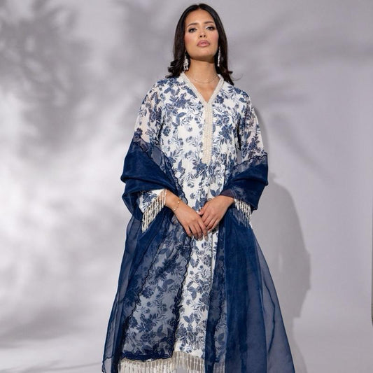 White and Blue Printed Chiffon with Embroidered Dupatta - 3PC
