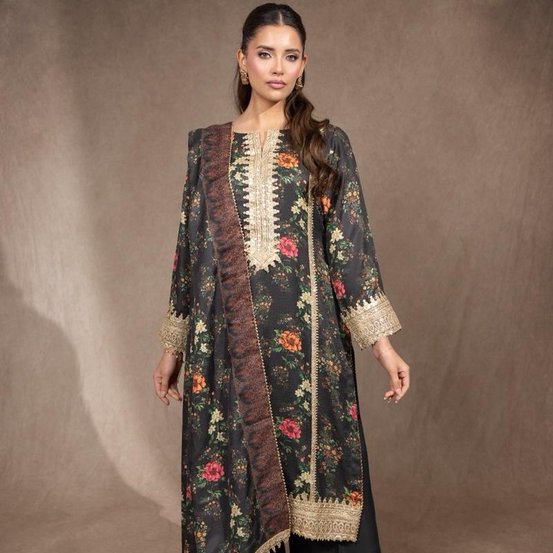 Charcoal Gray Floral Marina Three Piece Suit with Golden Sequence Detailing Plazzo Trouser and Shawl Semiformal Asian Womenswear Outfit