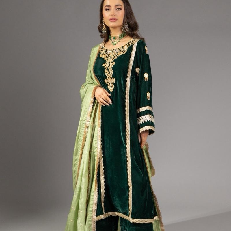 Green Velvet Three Piece Suit - Balochi Style Frock
