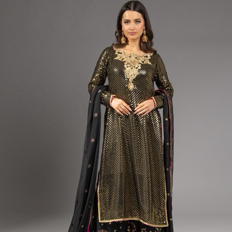Black and Gold - Heavy Formal Womenswear Suit, Sequence Embroidered Kameez with Handwork Neckline, Chatta Patti Outlining, With Heavy Embroidered Loose Pants, Stunning Back Tassels and Chiffon Embroidered Duppatta