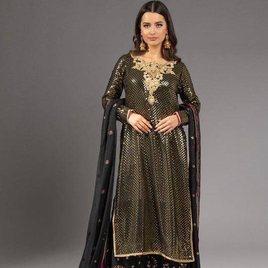 Black and Gold - Heavy Formal Womenswear Suit, Sequence Embroidered Kameez with Handwork Neckline, Chatta Patti Outlining, With Heavy Embroidered Loose Pants, Stunning Back Tassels and Chiffon Embroidered Duppatta