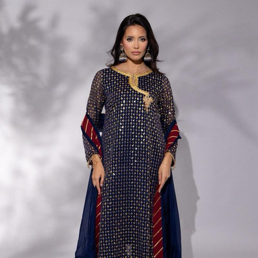 Navy Blue Chiffon Sequence Three Piece Formal Womenswear Outfit, Long Kameez with Detailed Neckline and Hand Embellished bunch, With Contrasting Finishing on Dupatta and Plazzo Trousers