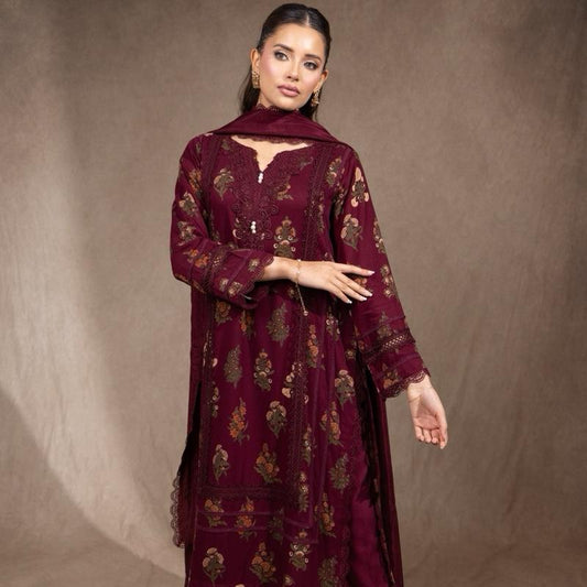 Marina 3PC Maroon Floral Womenswear Outfit Comfortable Classy Lace Detailing Long Kameez Capri Trousers Silk Dupatta