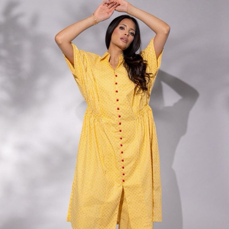 Yellow Floral Print Kaftan Style Co Ord - Three PIECE Kapri trousers, Loose Fit Comfortable Womenswear Cotton