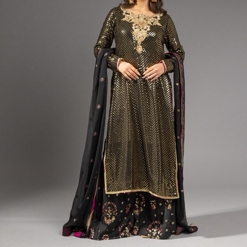 Black and Gold - Heavy Formal Womenswear Suit, Sequence Embroidered Kameez with Handwork Neckline, Chatta Patti Outlining, With Heavy Embroidered Loose Pants, Stunning Back Tassels and Chiffon Embroidered Duppatta