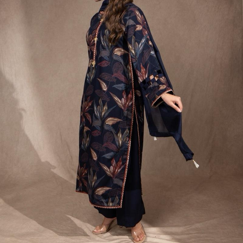Navy Blue Floral Marina 3PC - Perfect for semiformal wearing comfortable and classy. Long kameez with plazzo trousers and silk dupatta