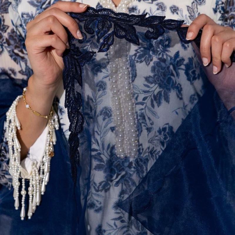 White and Blue Printed Chiffon with Embroidered Dupatta - 3PC