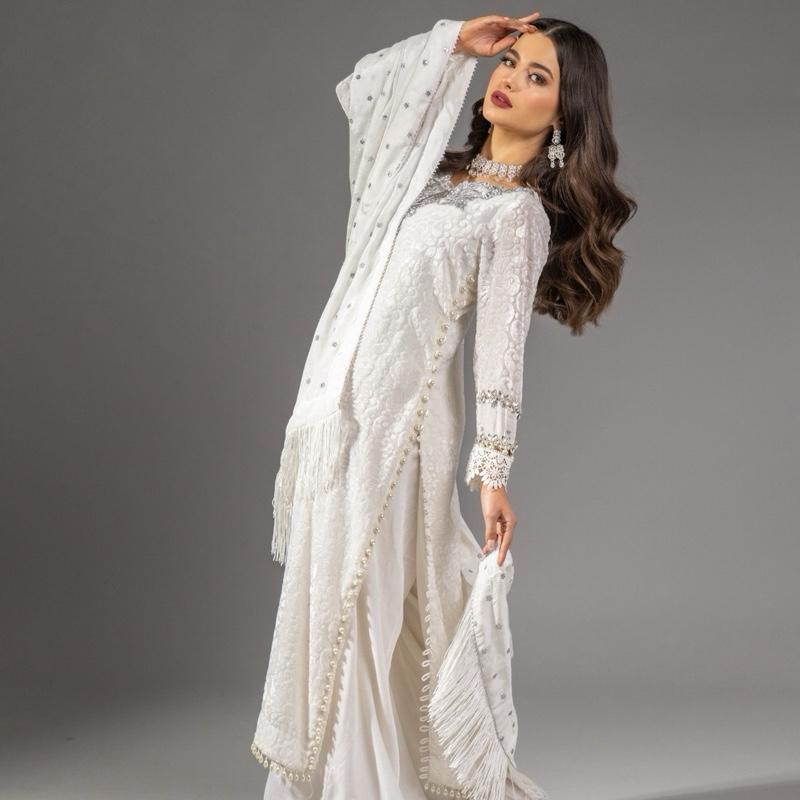 White Dove Plachi - A Pure Beauty, Stunning Handwork Silver Neckline Long Kameez with Pearl Sides, Beautiful Sleeve work with Stone, Loose Plazzo Pants and Silk Embroidered Dupatta with Fringe Detail  Asian Womenswear Clothes