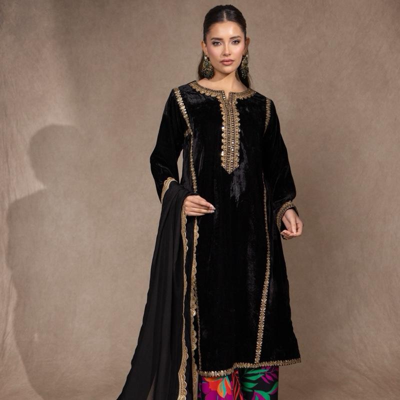 Black Embroidered Velvet Kurta Style Kameez with Multi Floral Palazzo and Scallop Detailed Silk Dupatta Comfortable Semi Formal Pakistani Womenswear