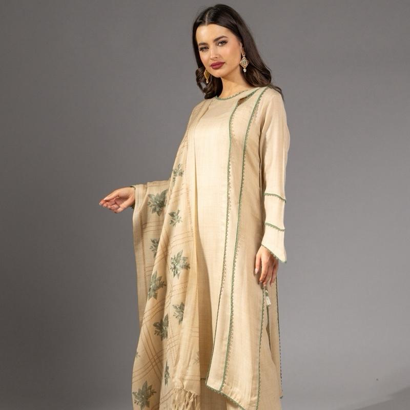 Beige Pashmina Three Piece Suit - Green Outline with Embroidery Woollen Shawl