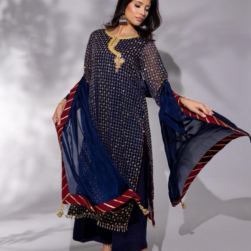 Navy Blue Chiffon Sequence Three Piece Formal Womenswear Outfit, Long Kameez with Detailed Neckline and Hand Embellished bunch, With Contrasting Finishing on Dupatta and Plazzo Trousers